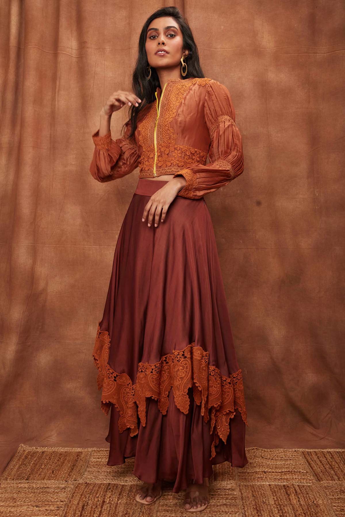 Buy Brown Silk Jacket & Laced Skirt for Women Online